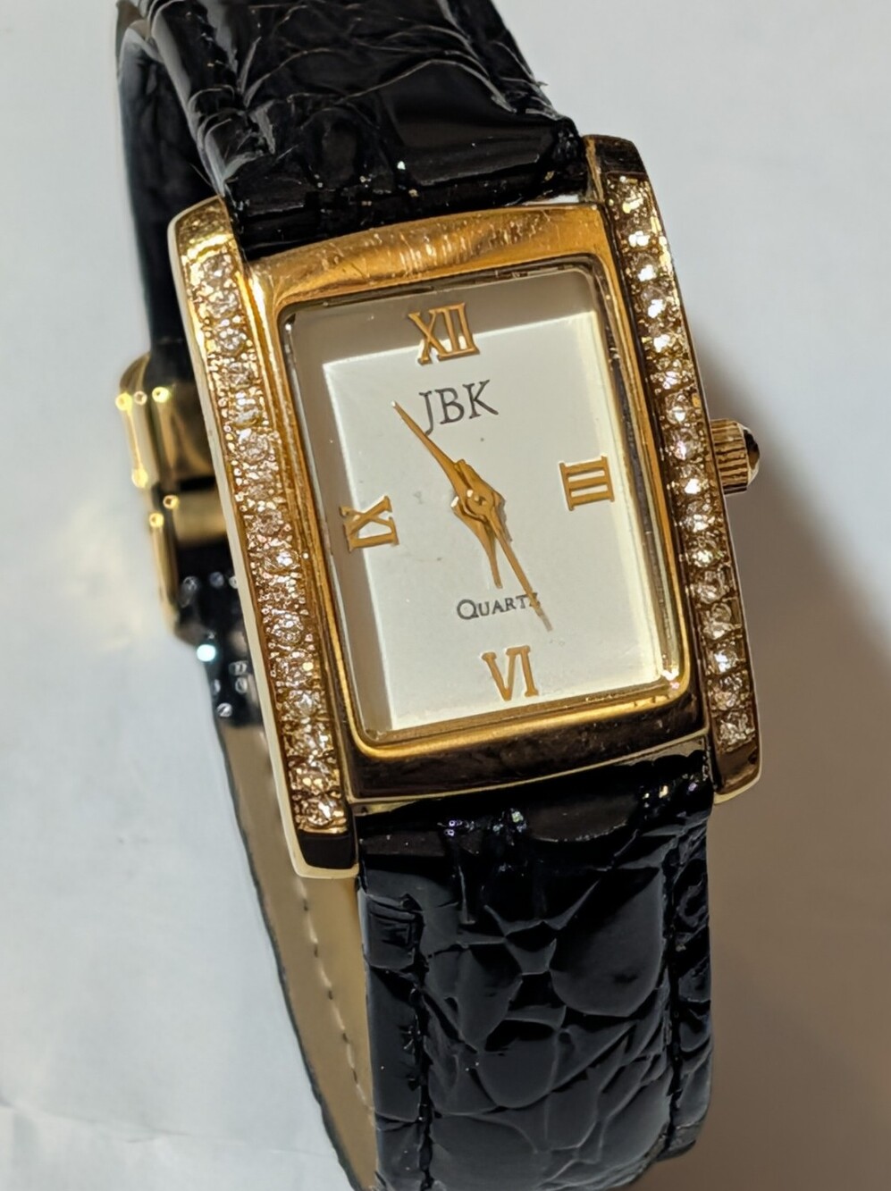 JBK Gold-Tone Crystal Pavé Tank Watch | Black Leather Strap, Quartz